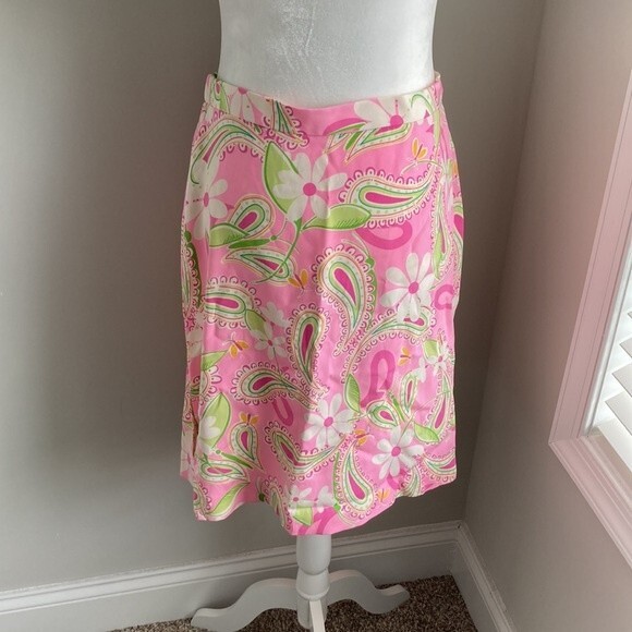 Vintage 80s 90s Lilly Pulitzer Midi Pink Summer Silk Floral Paisley Skirt Size 2 - Picture 3 of 16